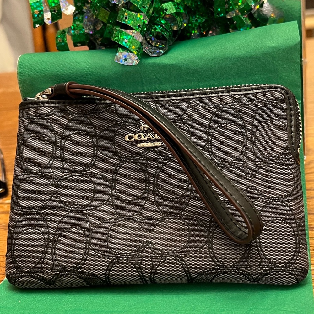 Coach Black and Gray Canvas & Leather Monogram Wristlet